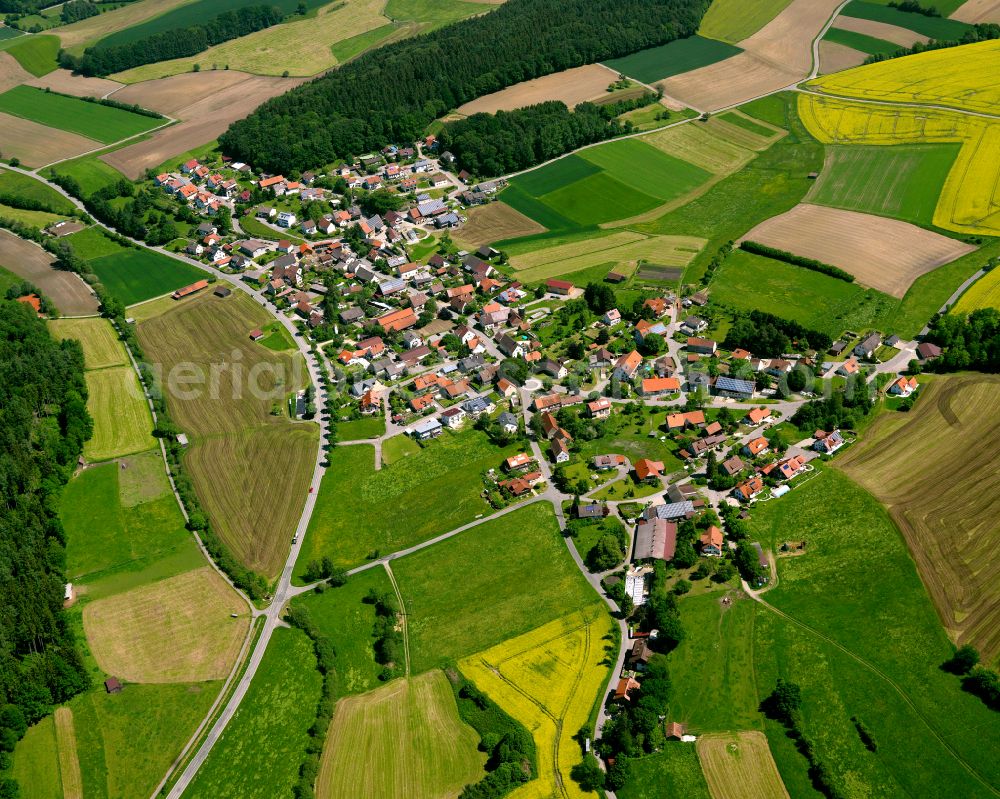 Erlenmoos from above - Agricultural land and field boundaries surround the settlement area of the village in Erlenmoos in the state Baden-Wuerttemberg, Germany