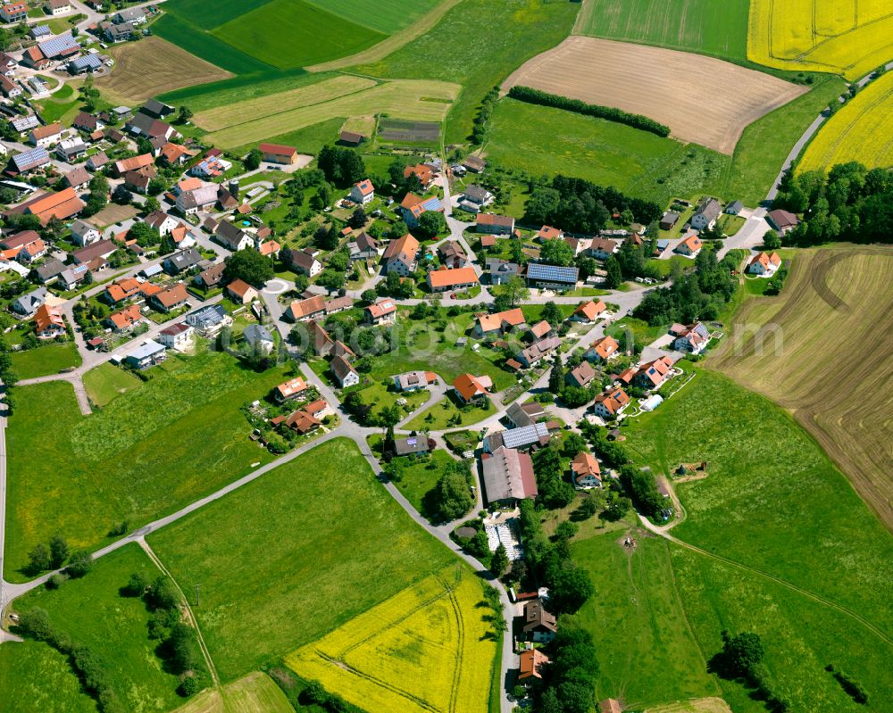 Erlenmoos from the bird's eye view: Agricultural land and field boundaries surround the settlement area of the village in Erlenmoos in the state Baden-Wuerttemberg, Germany