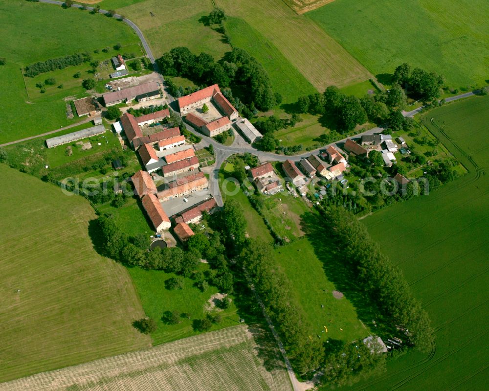 Ermendorf from the bird's eye view: Agricultural land and field boundaries surround the settlement area of the village in Ermendorf in the state Saxony, Germany