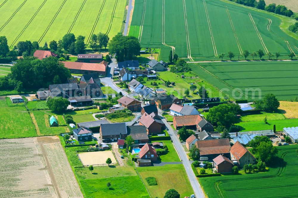 Ermsinghausen from above - Agricultural land and field boundaries surround the settlement area of the village in Ermsinghausen in the state North Rhine-Westphalia, Germany