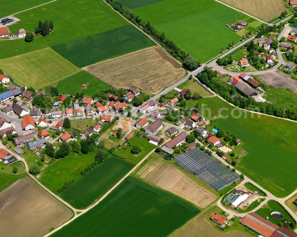 Erolzheim from above - Agricultural land and field boundaries surround the settlement area of the village in Erolzheim in the state Baden-Wuerttemberg, Germany