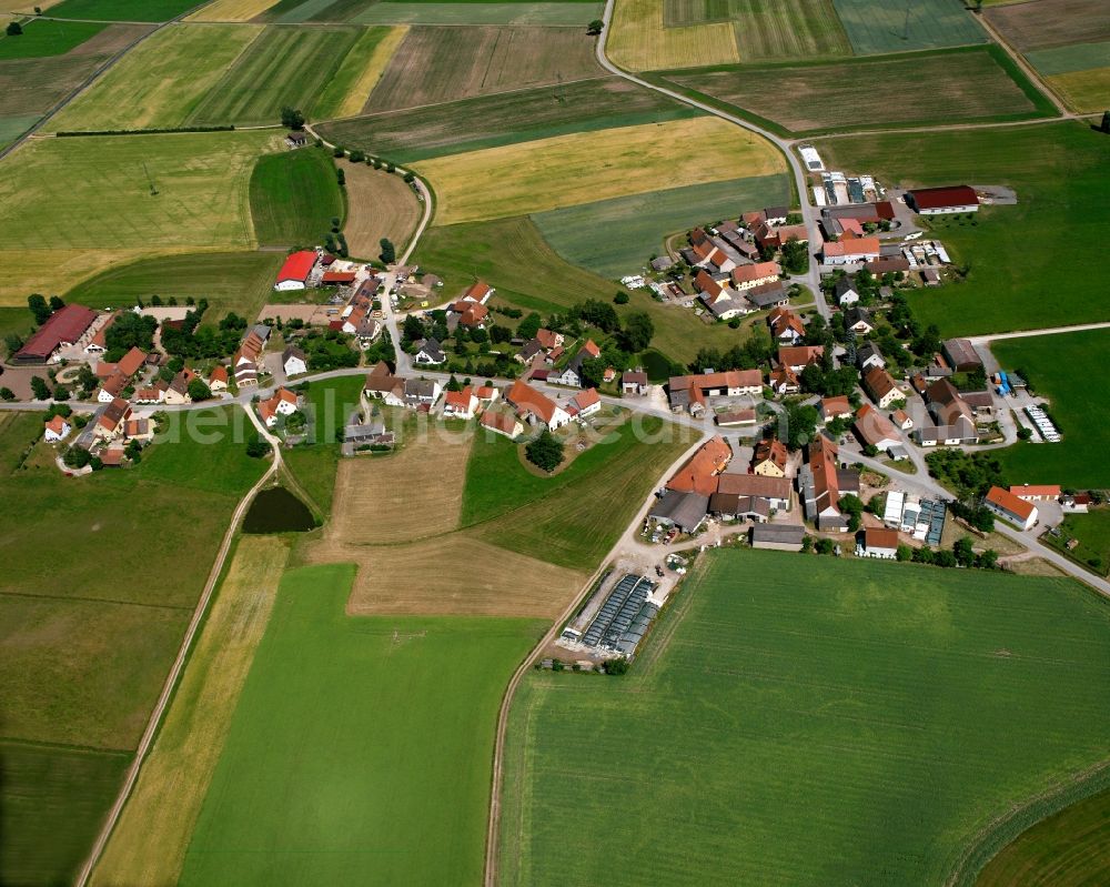 Aerial image Esbach - Agricultural land and field boundaries surround the settlement area of the village in Esbach in the state Bavaria, Germany