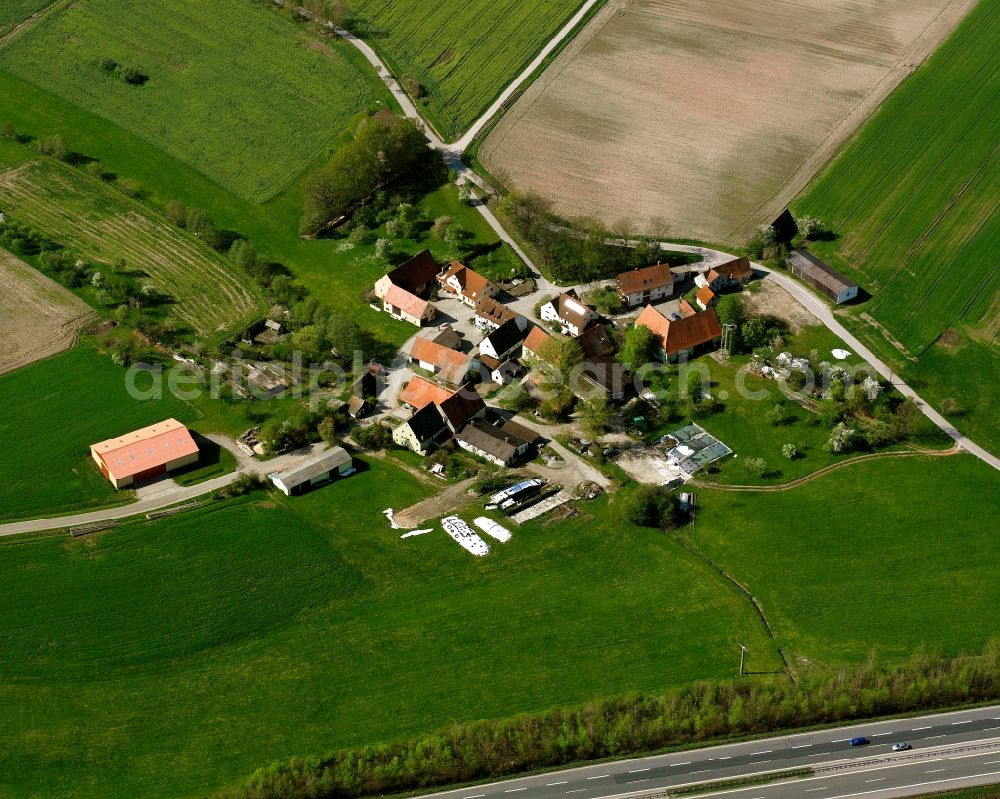 Aerial photograph Esbach - Agricultural land and field boundaries surround the settlement area of the village in Esbach in the state Bavaria, Germany