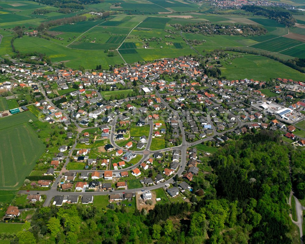 Aerial photograph Ettingshausen - Agricultural land and field boundaries surround the settlement area of the village in Ettingshausen in the state Hesse, Germany