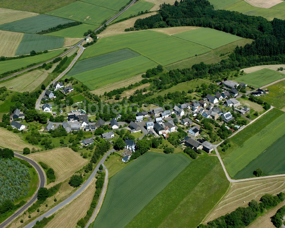 Eveshausen from above - Agricultural land and field boundaries surround the settlement area of the village in Eveshausen in the state Rhineland-Palatinate, Germany