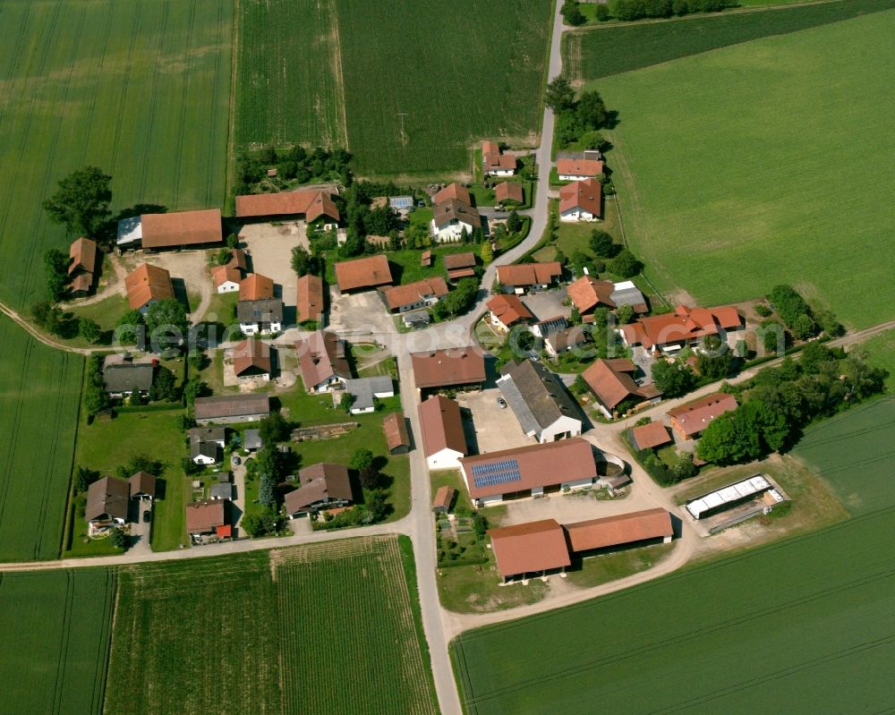 Aerial image Fahrndorf - Agricultural land and field boundaries surround the settlement area of the village in Fahrndorf in the state Bavaria, Germany