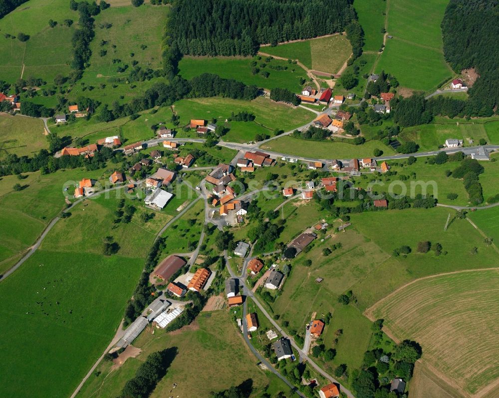 Aerial photograph Falken-Gesäß - Agricultural land and field boundaries surround the settlement area of the village in Falken-Gesäß in the state Hesse, Germany