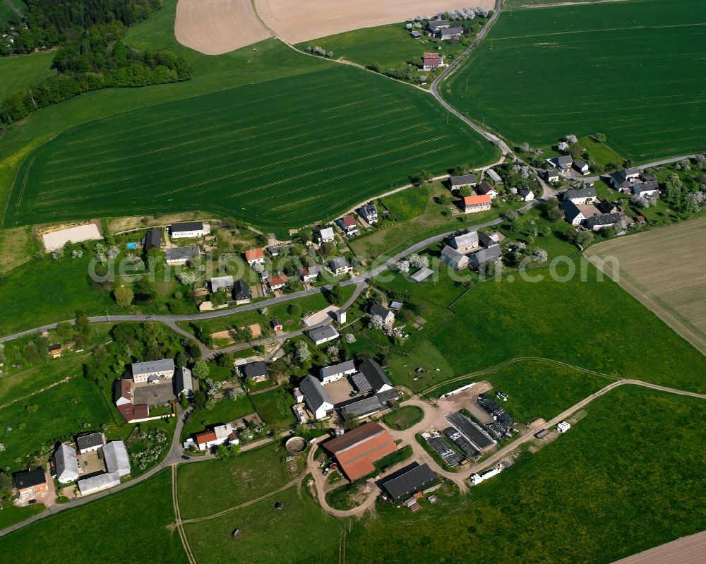 Falkenhain from above - Agricultural land and field boundaries surround the settlement area of the village in Falkenhain in the state Saxony, Germany