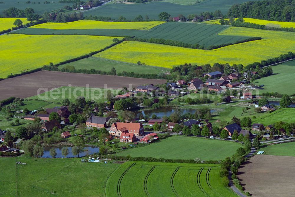 Farchauer Mühle from above - Agricultural land and field boundaries surround the settlement area of the village in Farchauer Mühle in the state Schleswig-Holstein, Germany