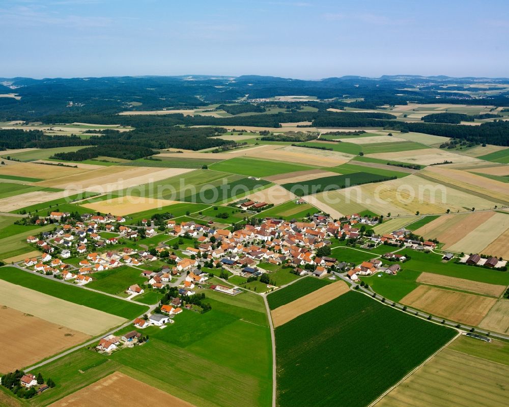 Aerial image Feldhausen - Agricultural land and field boundaries surround the settlement area of the village in Feldhausen in the state Baden-Wuerttemberg, Germany