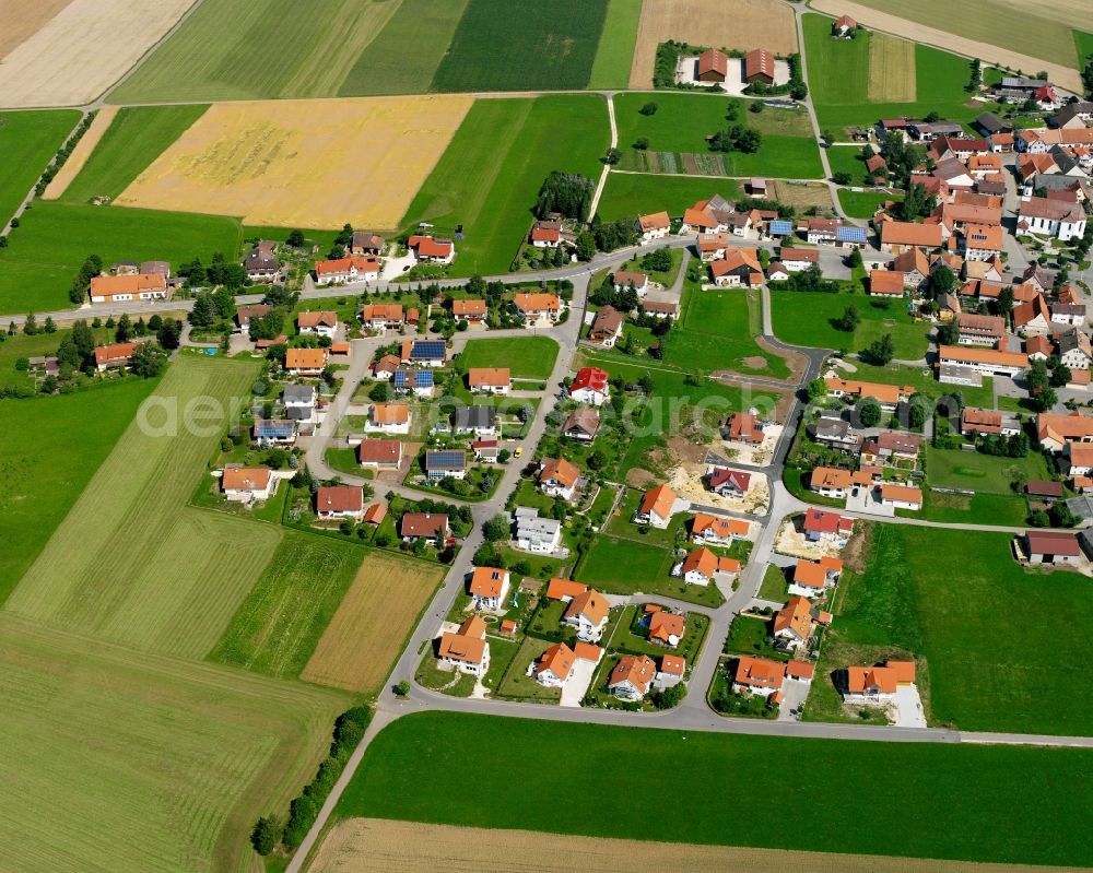 Aerial photograph Feldhausen - Agricultural land and field boundaries surround the settlement area of the village in Feldhausen in the state Baden-Wuerttemberg, Germany