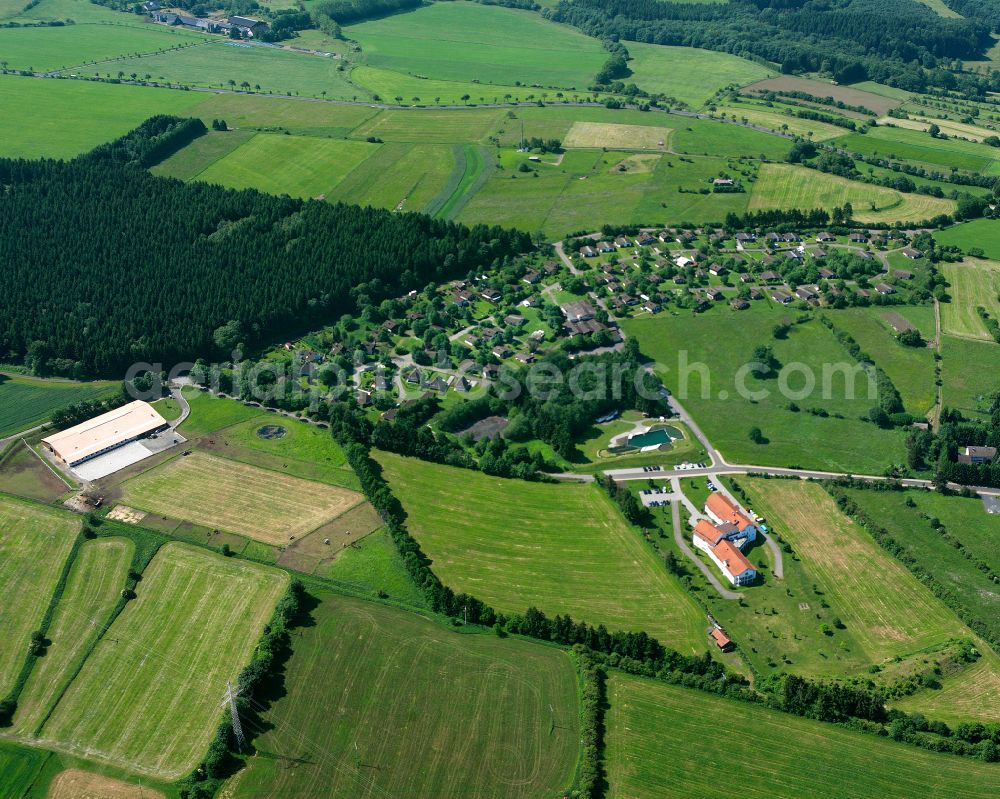 Aerial photograph Ferienpark Burgblick - Agricultural land and field boundaries surround the settlement area of the village in Ferienpark Burgblick in the state Hesse, Germany