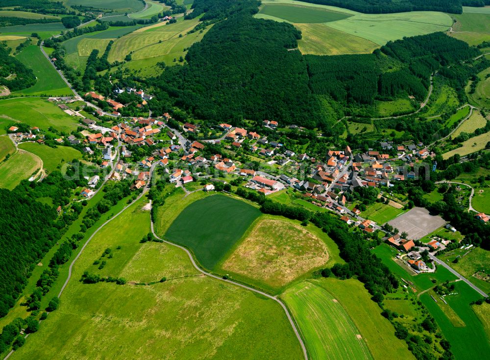 Aerial image Finkenbach-Gersweiler - Agricultural land and field boundaries surround the settlement area of the village in Finkenbach-Gersweiler in the state Rhineland-Palatinate, Germany