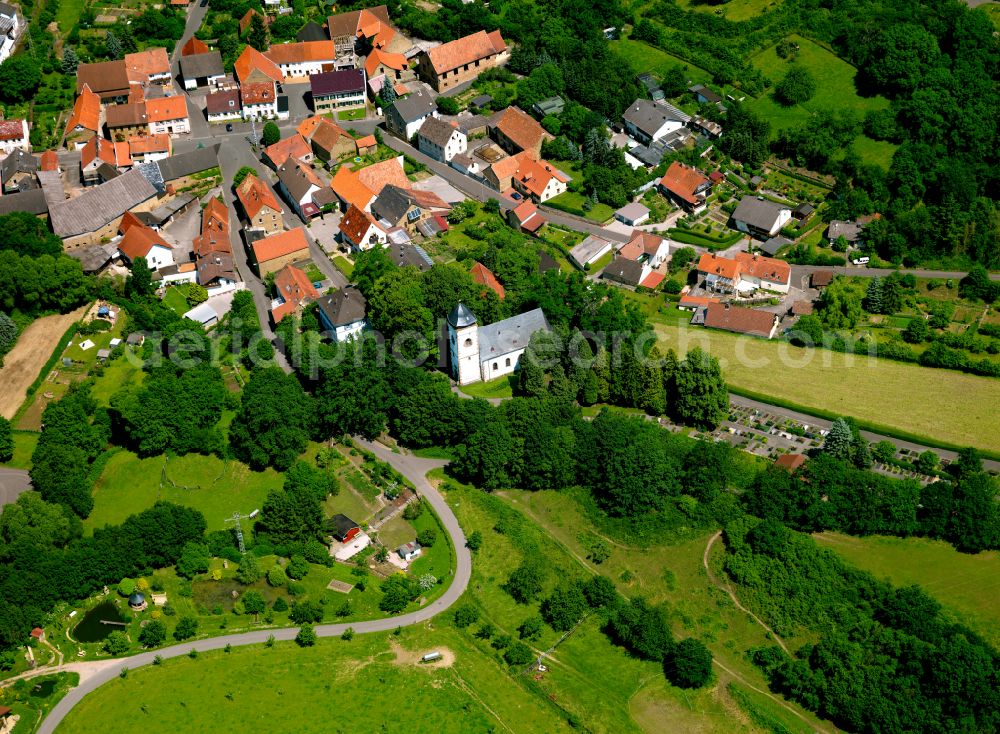 Aerial image Finkenbach-Gersweiler - Agricultural land and field boundaries surround the settlement area of the village in Finkenbach-Gersweiler in the state Rhineland-Palatinate, Germany