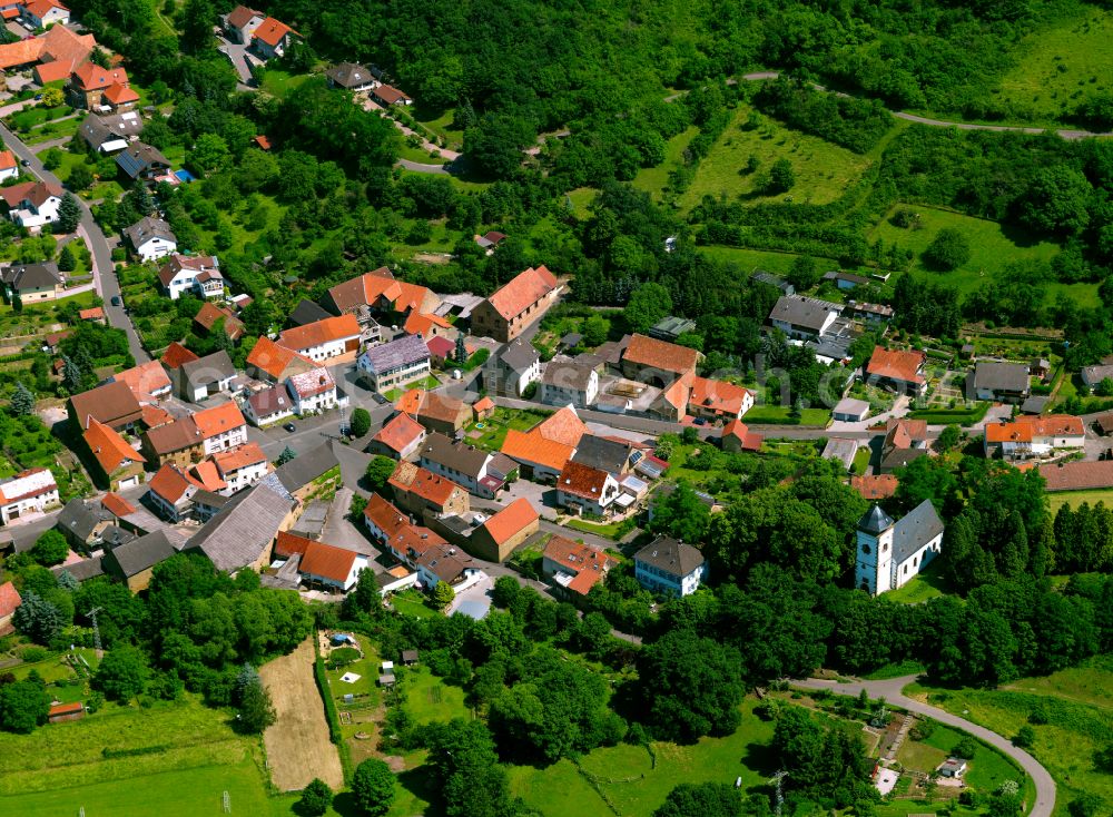 Aerial photograph Finkenbach-Gersweiler - Agricultural land and field boundaries surround the settlement area of the village in Finkenbach-Gersweiler in the state Rhineland-Palatinate, Germany