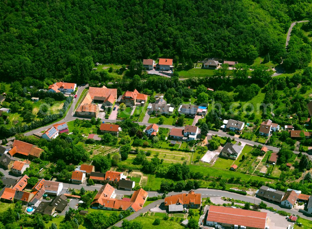 Finkenbach-Gersweiler from above - Agricultural land and field boundaries surround the settlement area of the village in Finkenbach-Gersweiler in the state Rhineland-Palatinate, Germany