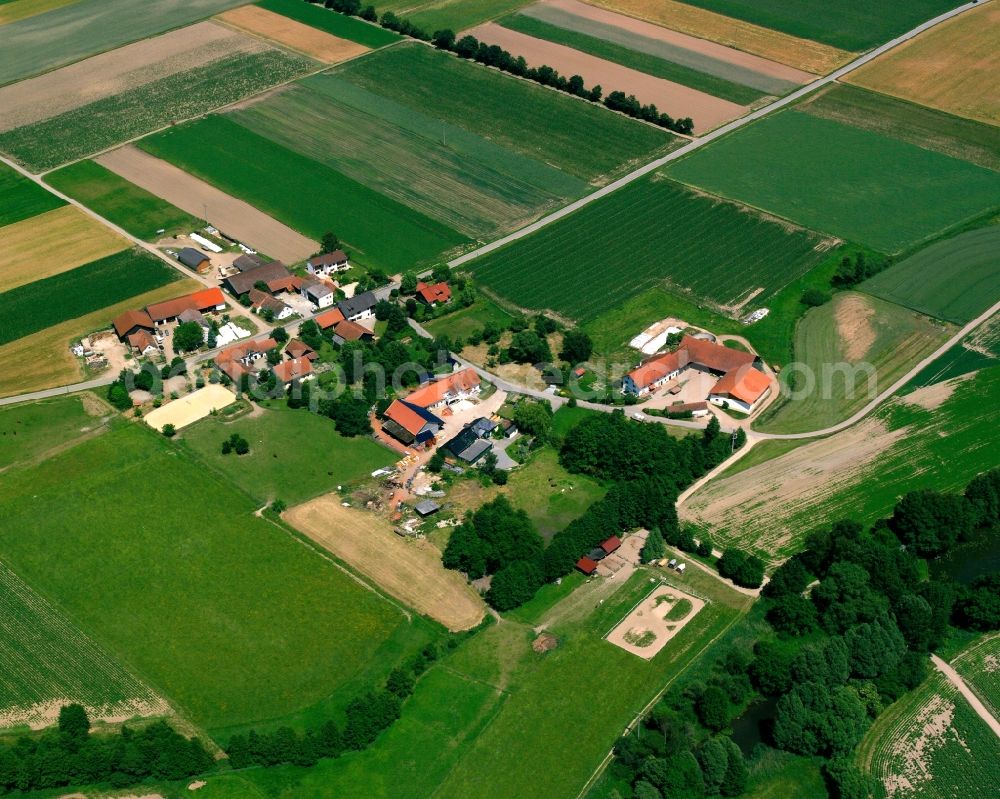 Aerial image Fischerdorf - Agricultural land and field boundaries surround the settlement area of the village in Fischerdorf in the state Bavaria, Germany