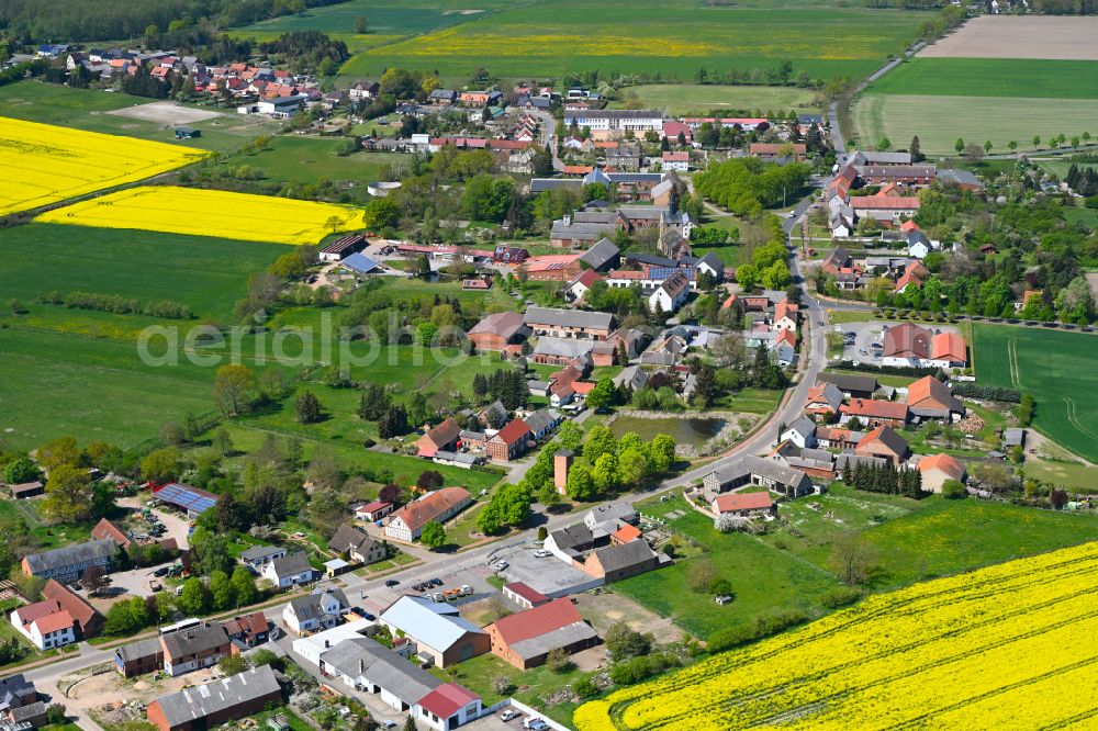 Fleetmark from above - Agricultural land and field boundaries surround the settlement area of the village in Fleetmark in the state Saxony-Anhalt, Germany