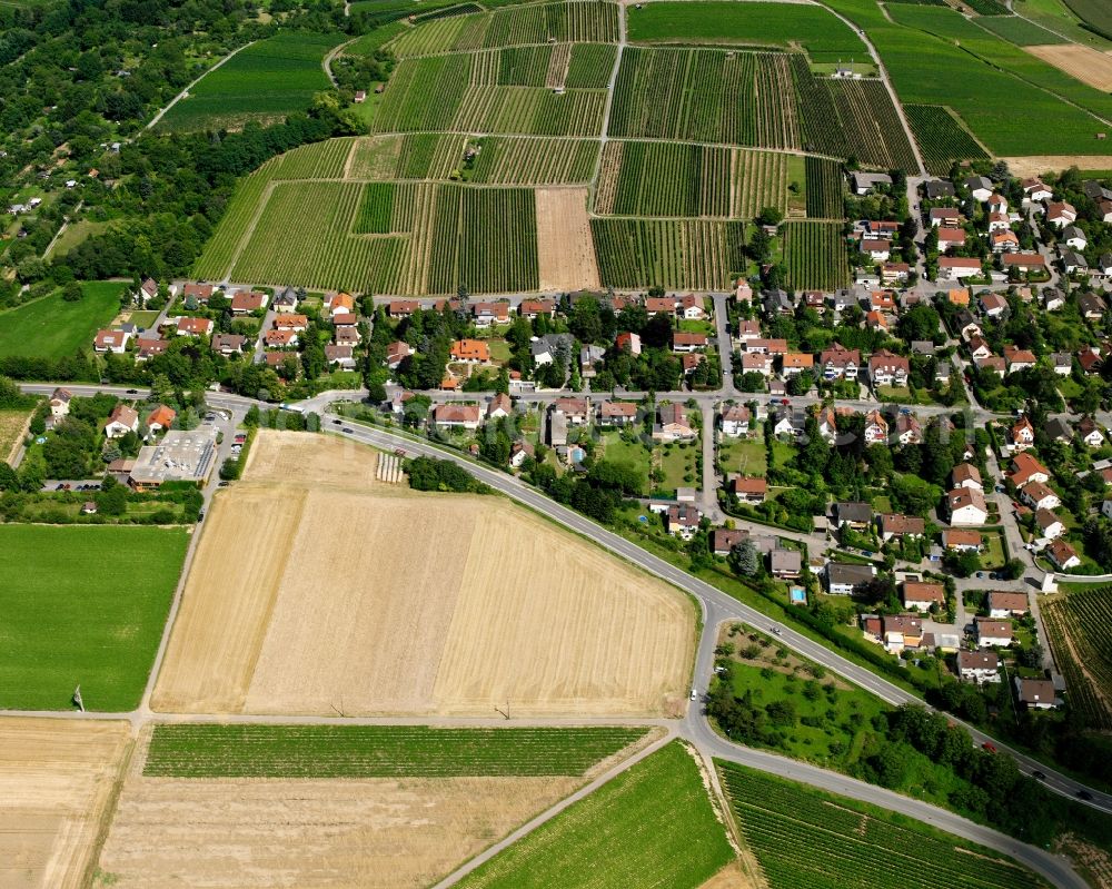 Flein from the bird's eye view: Agricultural land and field boundaries surround the settlement area of the village in Flein in the state Baden-Wuerttemberg, Germany