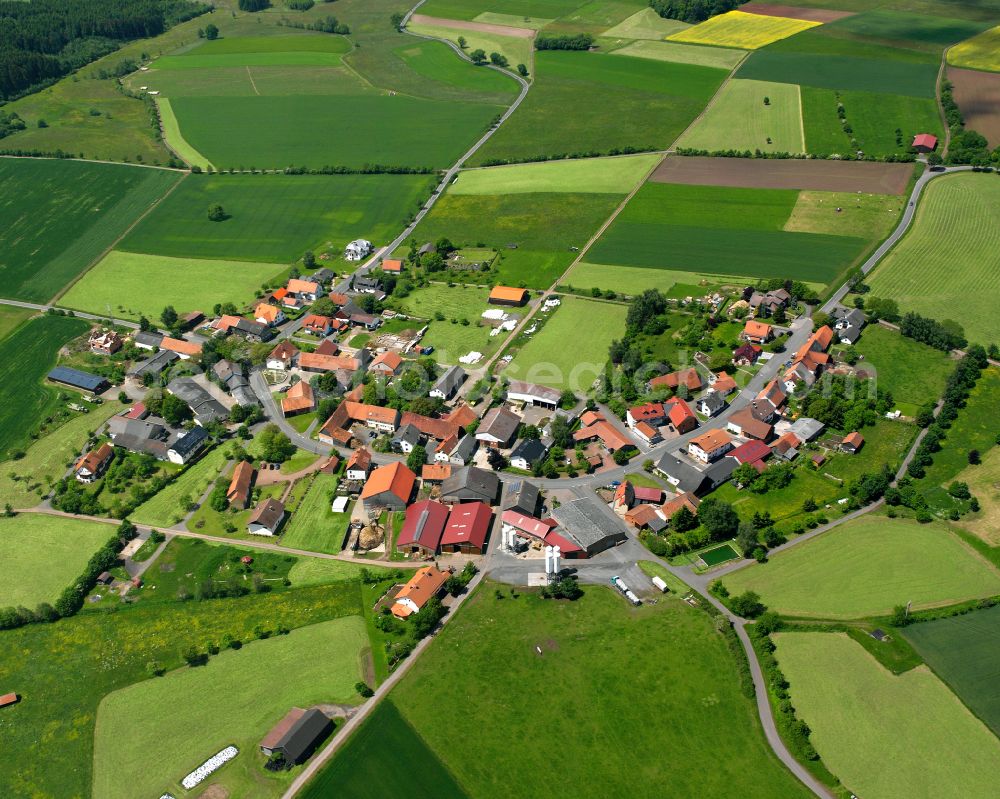 Aerial photograph Fleschenbach - Agricultural land and field boundaries surround the settlement area of the village in Fleschenbach in the state Hesse, Germany