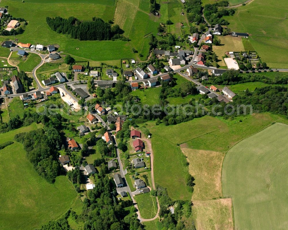 Fohren-Linden from above - Agricultural land and field boundaries surround the settlement area of the village in Fohren-Linden in the state Rhineland-Palatinate, Germany