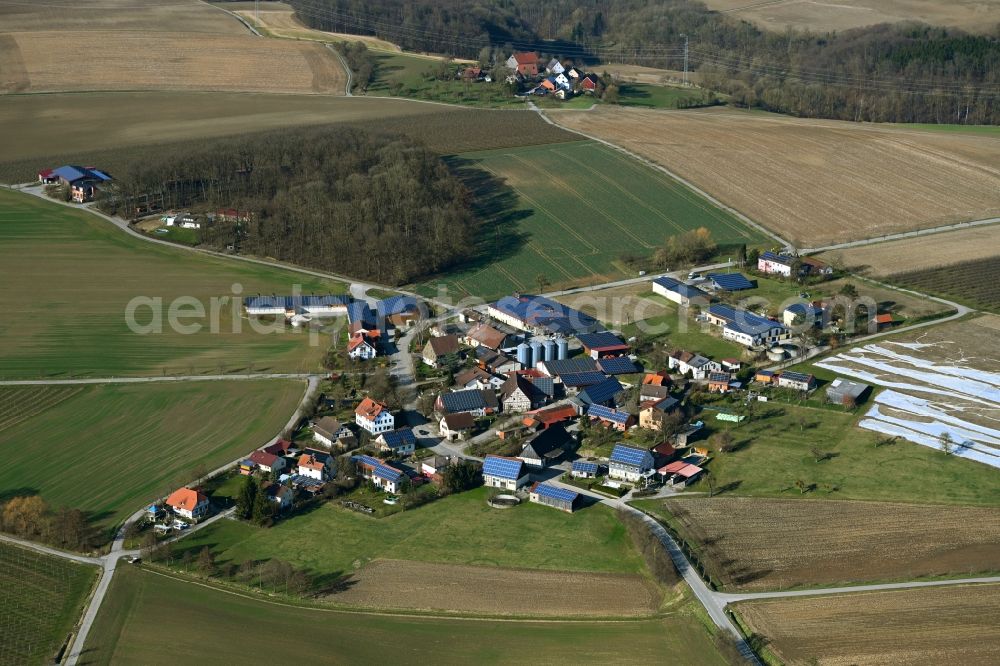 Forchtenberg from the bird's eye view: Agricultural land and field boundaries surround the settlement area of the village in Forchtenberg in the state Baden-Wuerttemberg, Germany