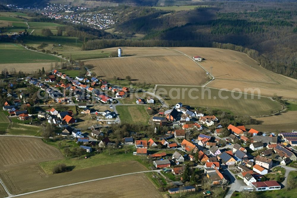 Aerial photograph Forchtenberg - Agricultural land and field boundaries surround the settlement area of the village in Forchtenberg in the state Baden-Wuerttemberg, Germany