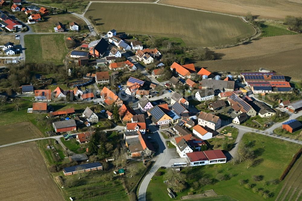 Forchtenberg from above - Agricultural land and field boundaries surround the settlement area of the village in Forchtenberg in the state Baden-Wuerttemberg, Germany