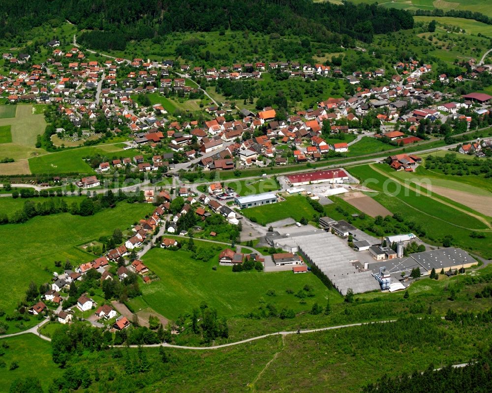 Fornsbach from the bird's eye view: Agricultural land and field boundaries surround the settlement area of the village in Fornsbach in the state Baden-Wuerttemberg, Germany