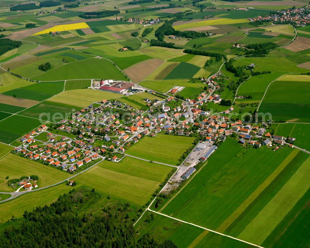 Aerial photograph Füramoos - Agricultural land and field boundaries surround the settlement area of the village in Füramoos in the state Baden-Wuerttemberg, Germany