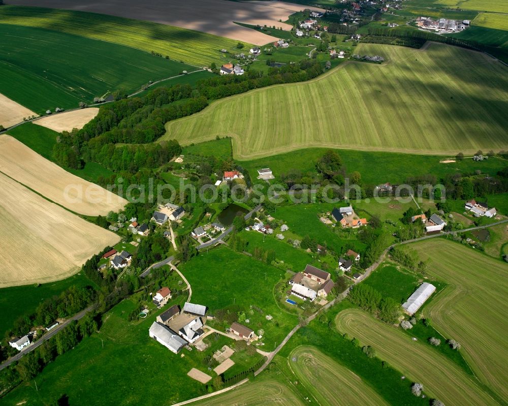 Frankenau from above - Agricultural land and field boundaries surround the settlement area of the village in Frankenau in the state Saxony, Germany