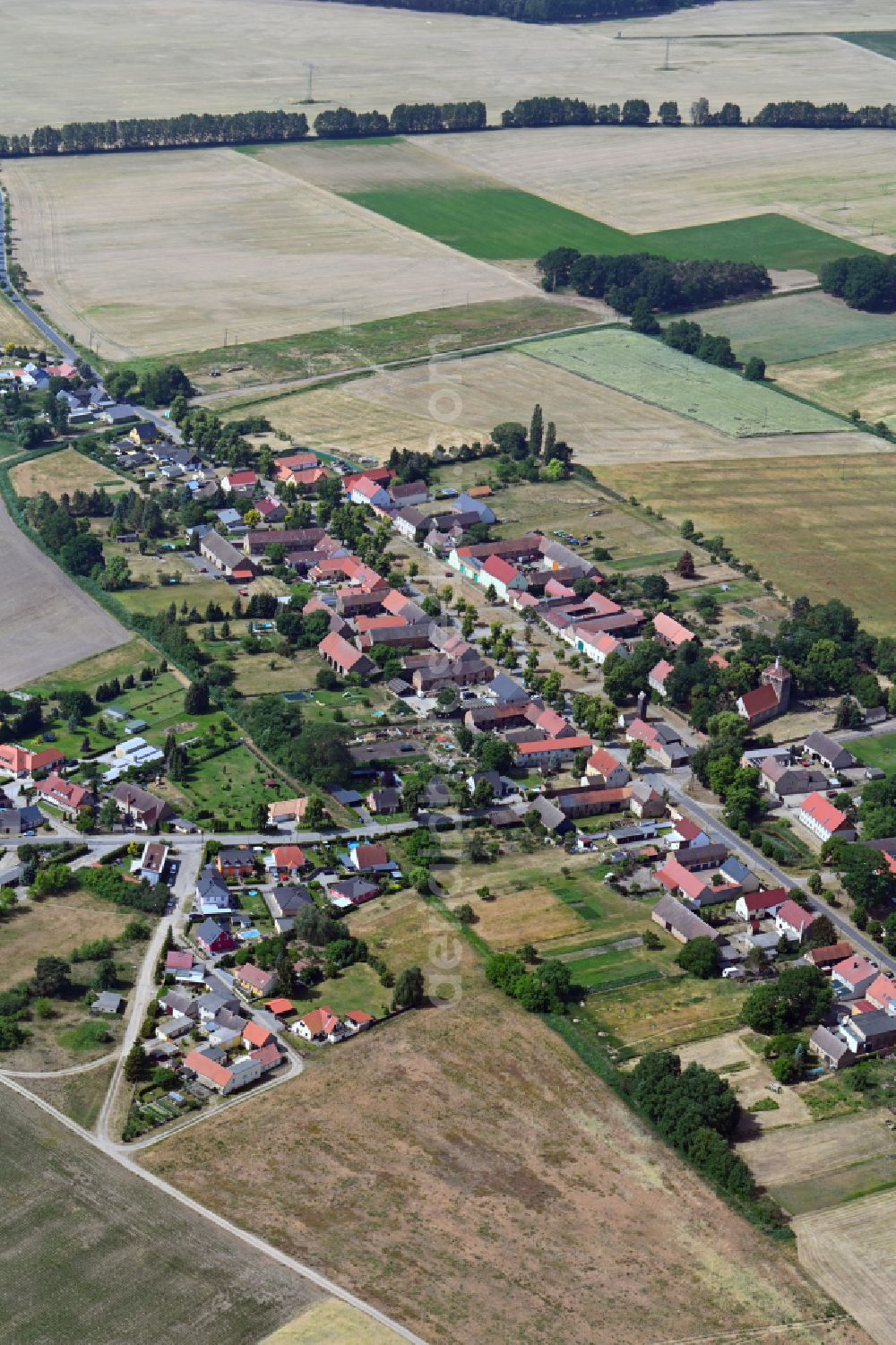 Frankenfelde from above - Agricultural land and field boundaries surround the settlement area of the village on street Dorfstrasse in Frankenfelde in the state Brandenburg, Germany