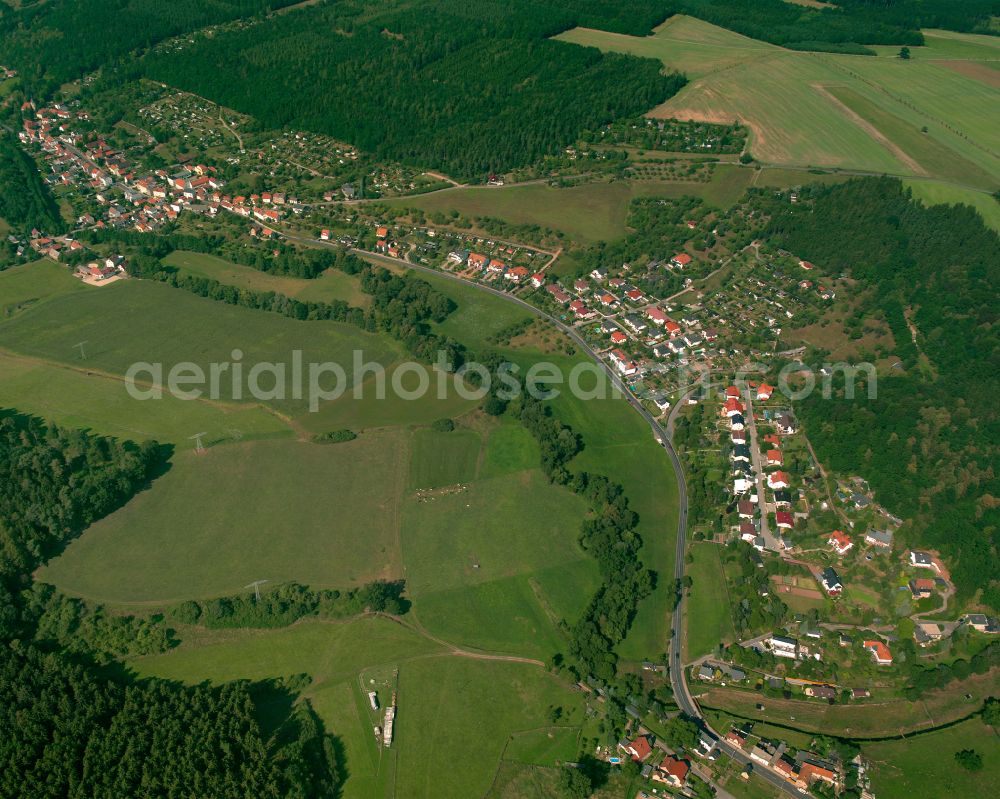 Aerial image Frankenthal - Agricultural land and field boundaries surround the settlement area of the village in Frankenthal in the state Thuringia, Germany