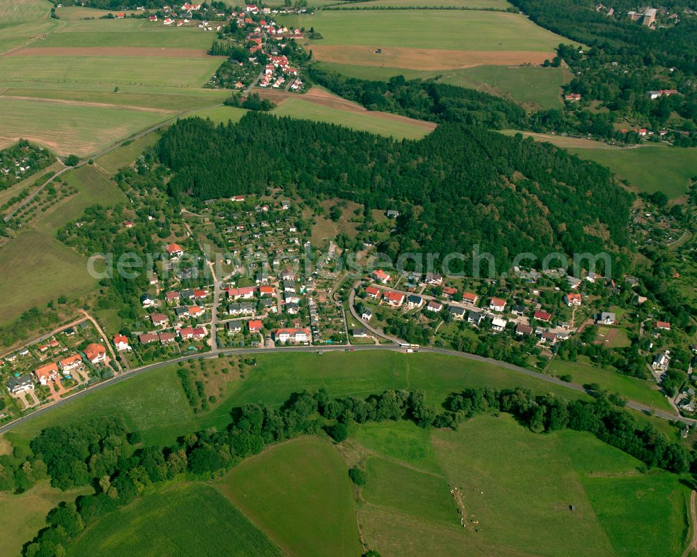 Frankenthal from above - Agricultural land and field boundaries surround the settlement area of the village in Frankenthal in the state Thuringia, Germany