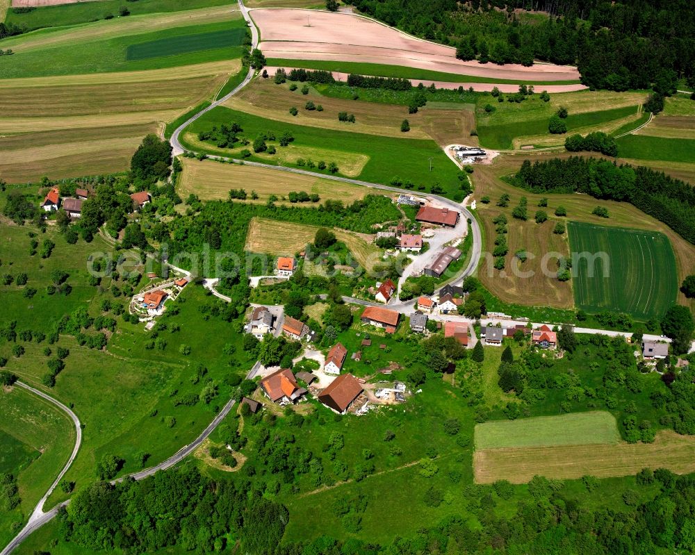 Frankenweiler from the bird's eye view: Agricultural land and field boundaries surround the settlement area of the village in Frankenweiler in the state Baden-Wuerttemberg, Germany