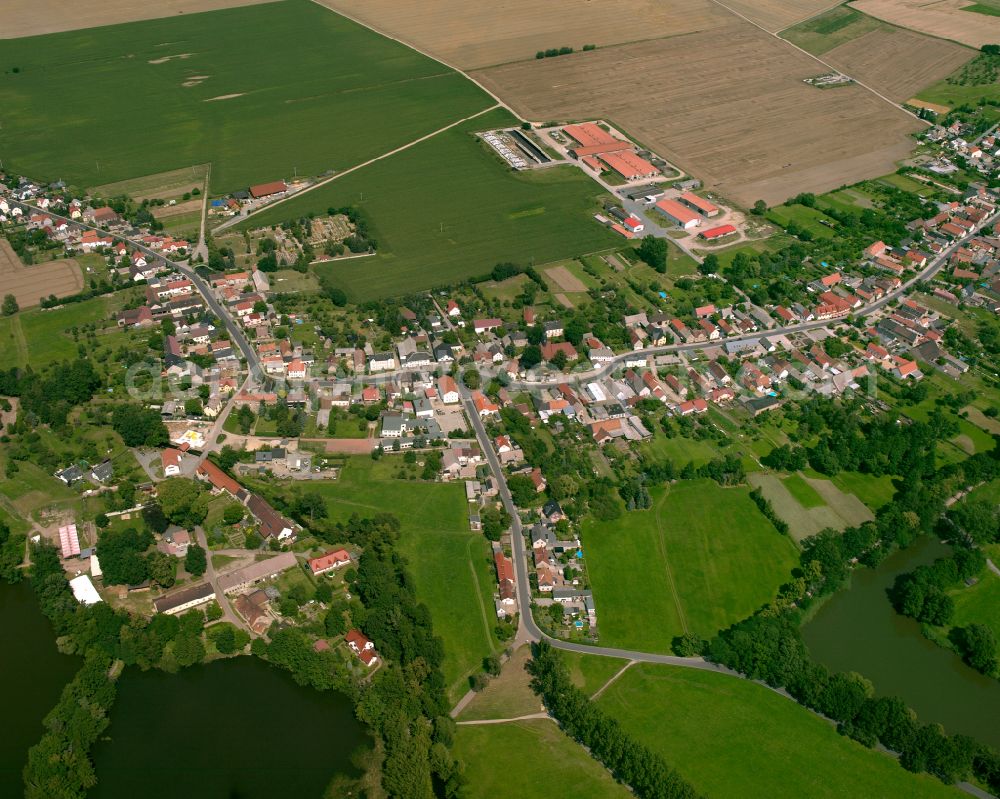 Frauenhain from the bird's eye view: Agricultural land and field boundaries surround the settlement area of the village in Frauenhain in the state Saxony, Germany