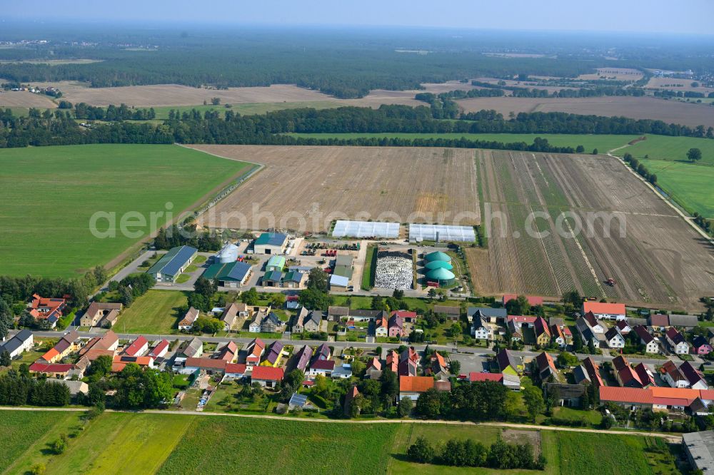 Aerial image Frauwalde - Agricultural land and field boundaries surround the settlement area of the village in Frauwalde in the state Brandenburg, Germany