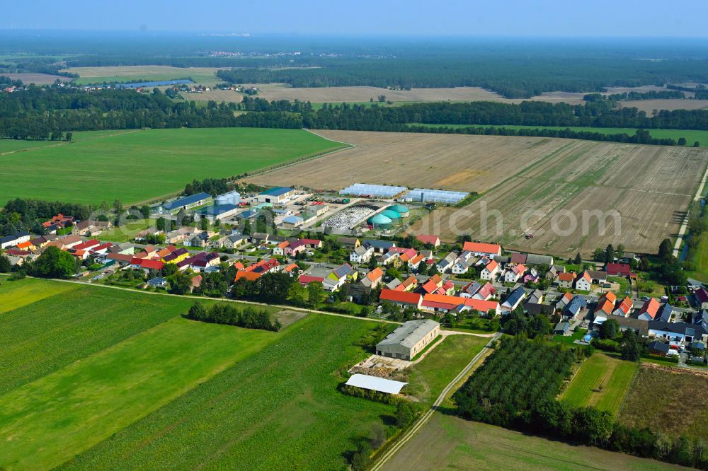 Frauwalde from above - Agricultural land and field boundaries surround the settlement area of the village in Frauwalde in the state Brandenburg, Germany