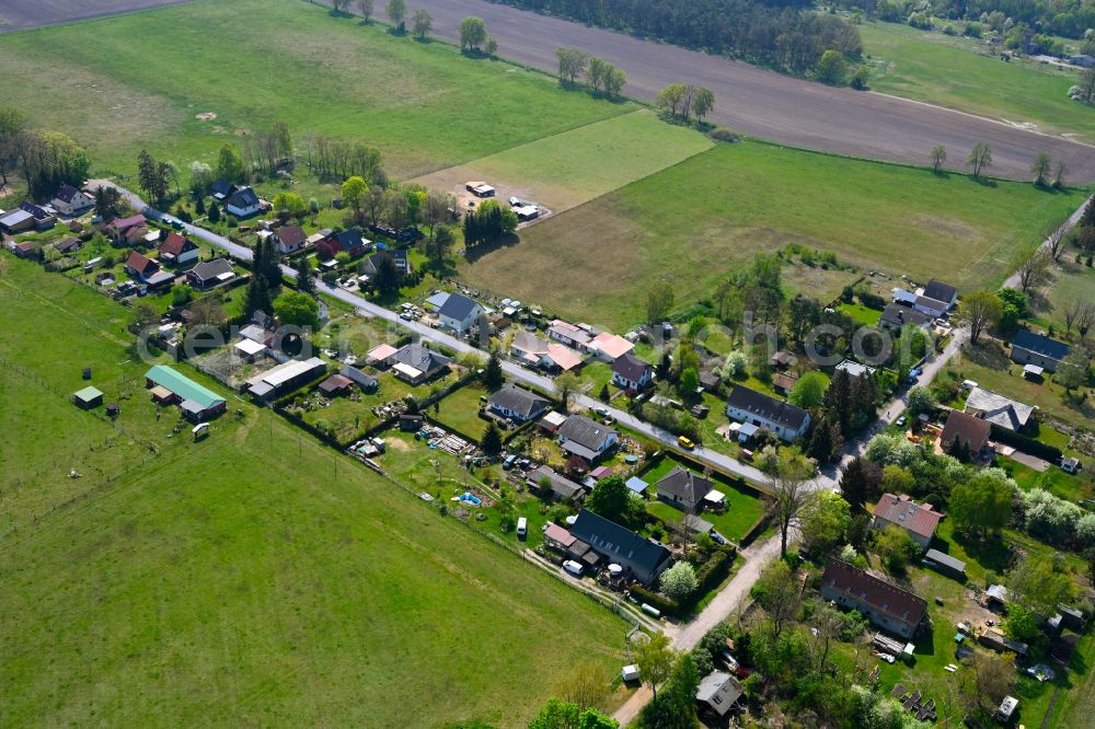 Freienhagen from above - Agricultural land and field boundaries surround the settlement area of the village in Freienhagen in the state Brandenburg, Germany