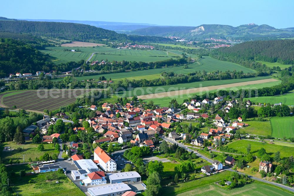 Freienorla from above - Agricultural land and field boundaries surround the settlement area of the village in Freienorla in the state Thuringia, Germany