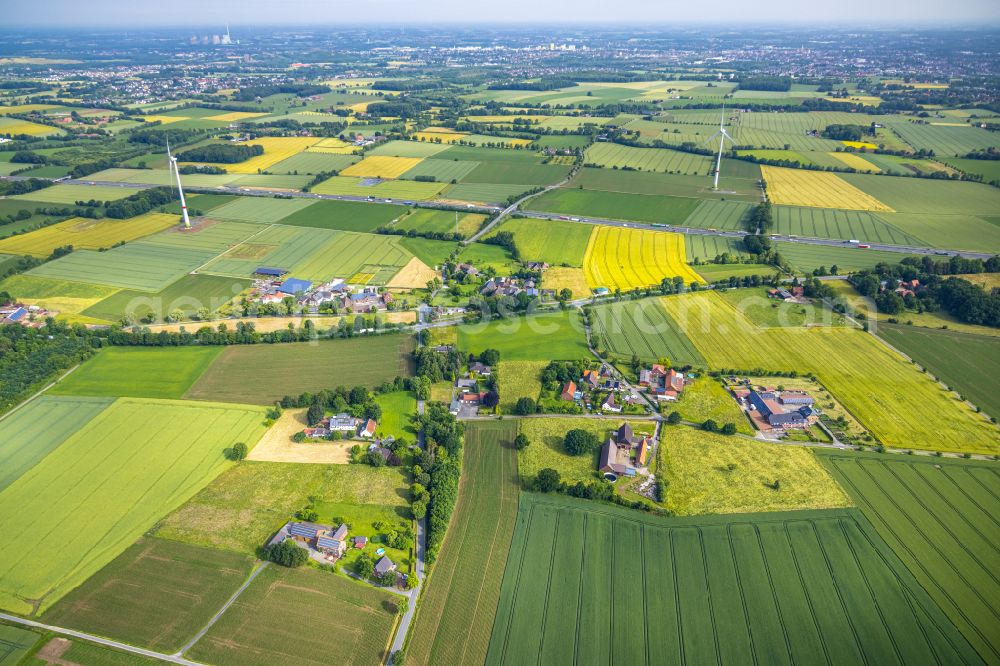 Aerial image Freiske - Agricultural land and field boundaries surround the settlement area of the village in Freiske in the state North Rhine-Westphalia, Germany