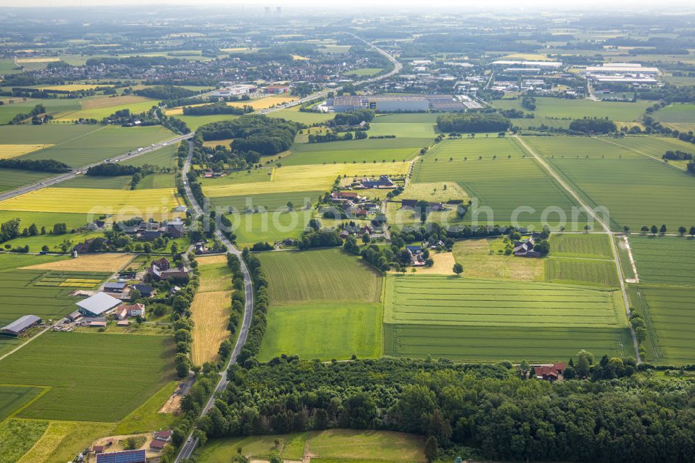 Freiske from the bird's eye view: Agricultural land and field boundaries surround the settlement area of the village in Freiske in the state North Rhine-Westphalia, Germany