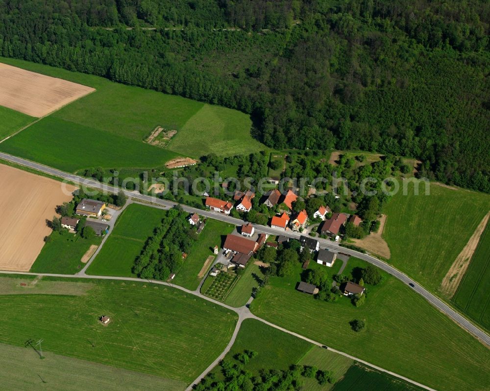 Aerial photograph Frühmeßhof - Agricultural land and field boundaries surround the settlement area of the village in Frühmeßhof in the state Baden-Wuerttemberg, Germany