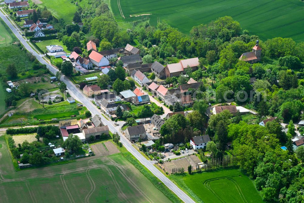 Aerial image Friedeburg (Saale) - Agricultural land and field boundaries surround the settlement area of the village in Friedeburg (Saale) in the state Saxony-Anhalt, Germany