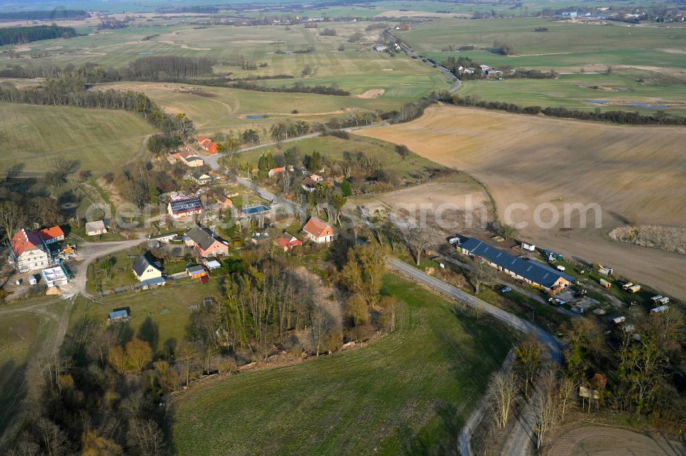 Friedenfelde from the bird's eye view: Agricultural land and field boundaries surround the settlement area of the village in Friedenfelde in the state Brandenburg, Germany