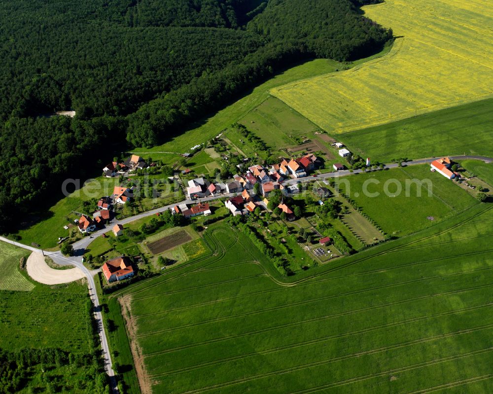 Aerial image Fürstenhagen - Agricultural land and field boundaries surround the settlement area of the village in Fürstenhagen in the state Thuringia, Germany