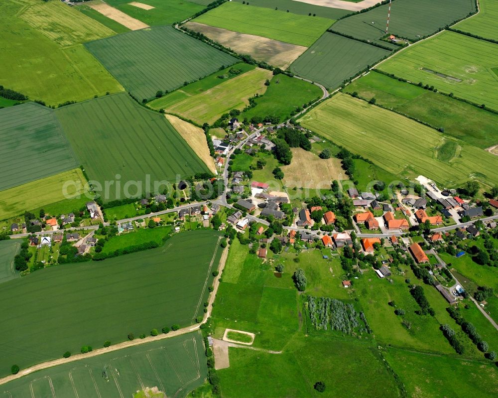 Fuhlenhagen from the bird's eye view: Agricultural land and field boundaries surround the settlement area of the village in Fuhlenhagen in the state Schleswig-Holstein, Germany