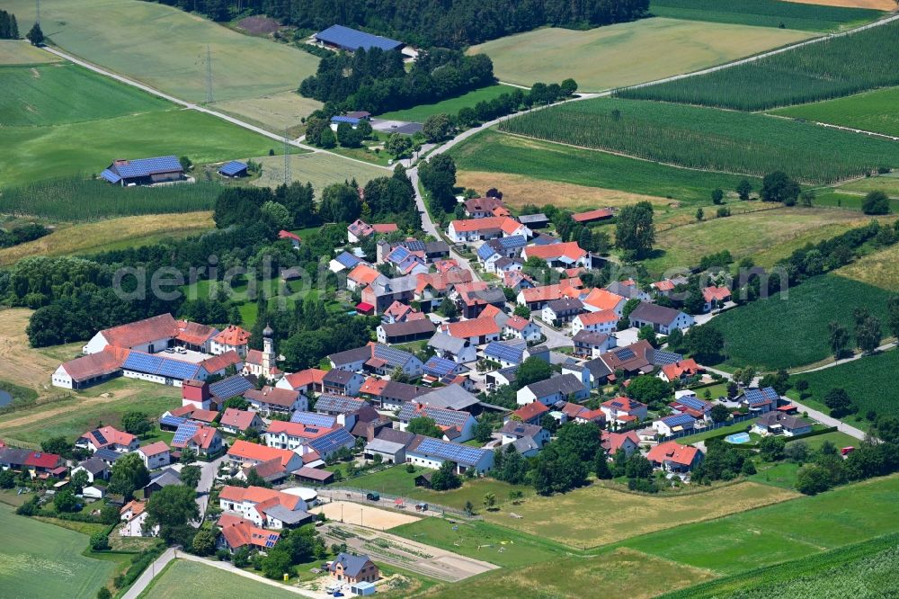 Aerial photograph Gambach - Agricultural land and field boundaries surround the settlement area of the village in Gambach in the state Bavaria, Germany