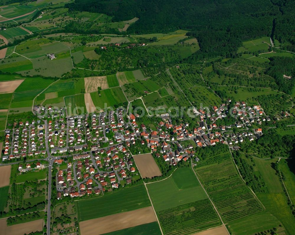 Gammelshausen from the bird's eye view: Agricultural land and field boundaries surround the settlement area of the village in Gammelshausen in the state Baden-Wuerttemberg, Germany