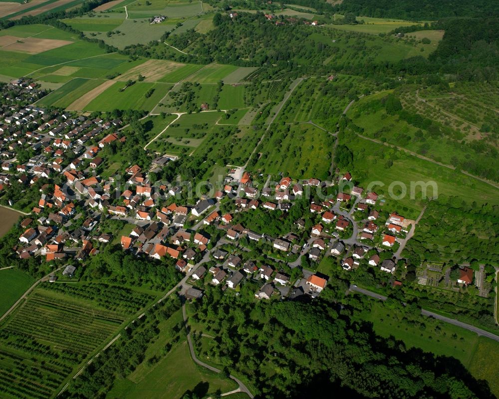 Gammelshausen from the bird's eye view: Agricultural land and field boundaries surround the settlement area of the village in Gammelshausen in the state Baden-Wuerttemberg, Germany